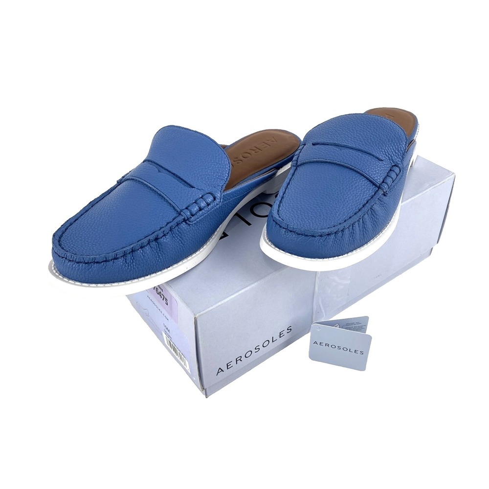 New Aerosoles Leather Mules Women's 10M Salome Blue Jean Pebbled Flats Slip On